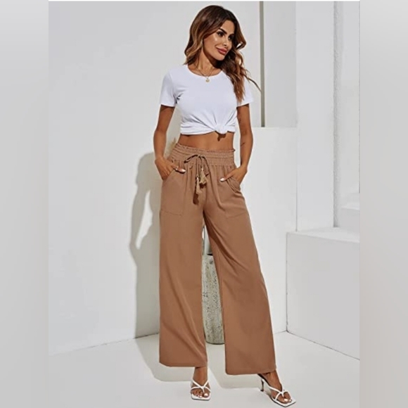 Women's Cotton Linen Pants Loose Elastic Waist Beach Trousers Size Large Coffee - Picture 1 of 3